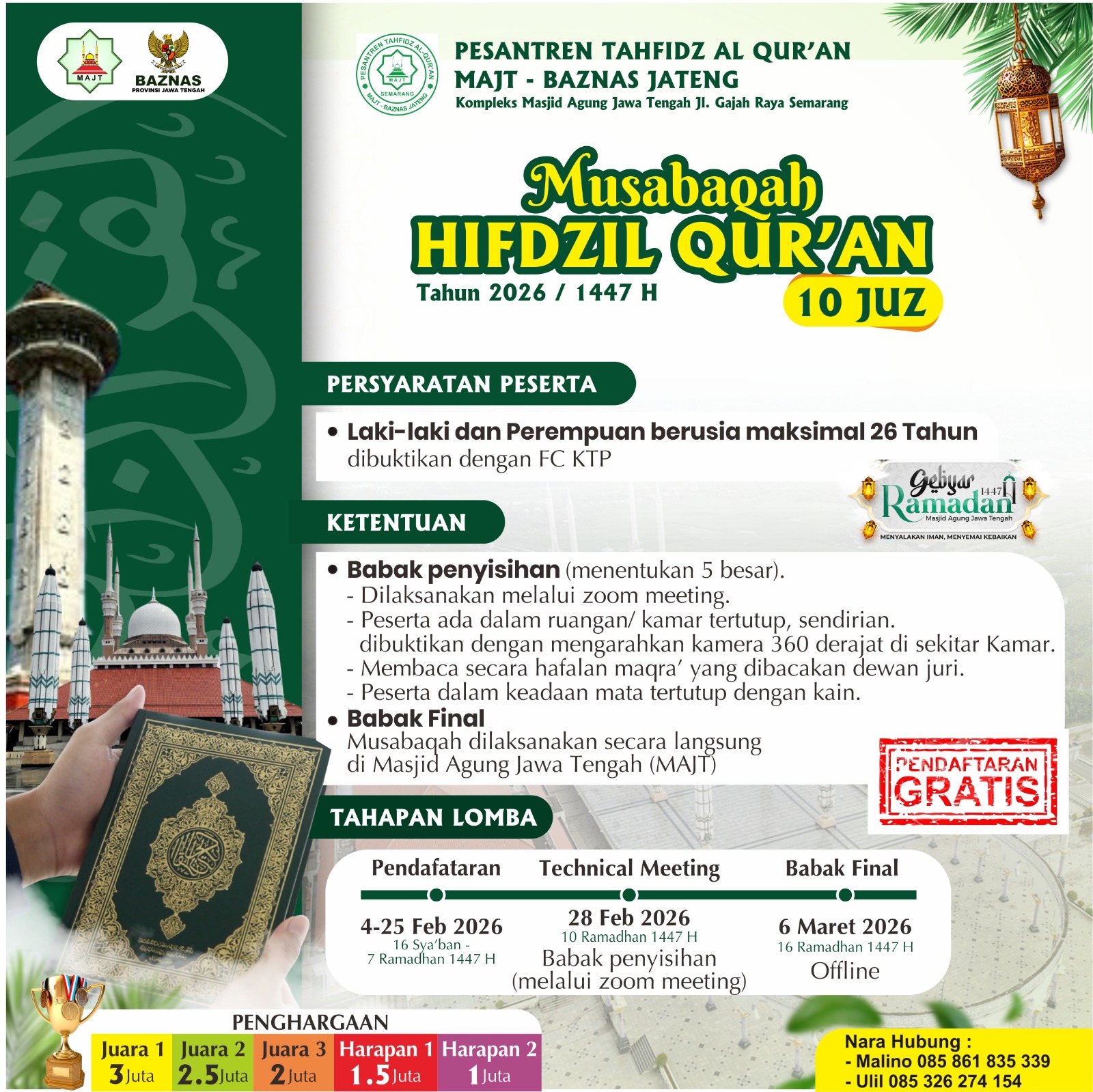 Lomba MHQ 10 Juz Digelar, Pesantren Tahfidz Al-Qur’an MAJT BAZNAS Jateng Ajak Generasi Muda Jadi Penghafal Qur’an
